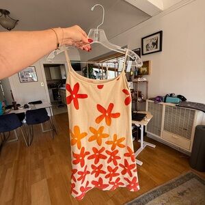 Vintage floral ribbed cotton Dress with Red and Orange Flowers